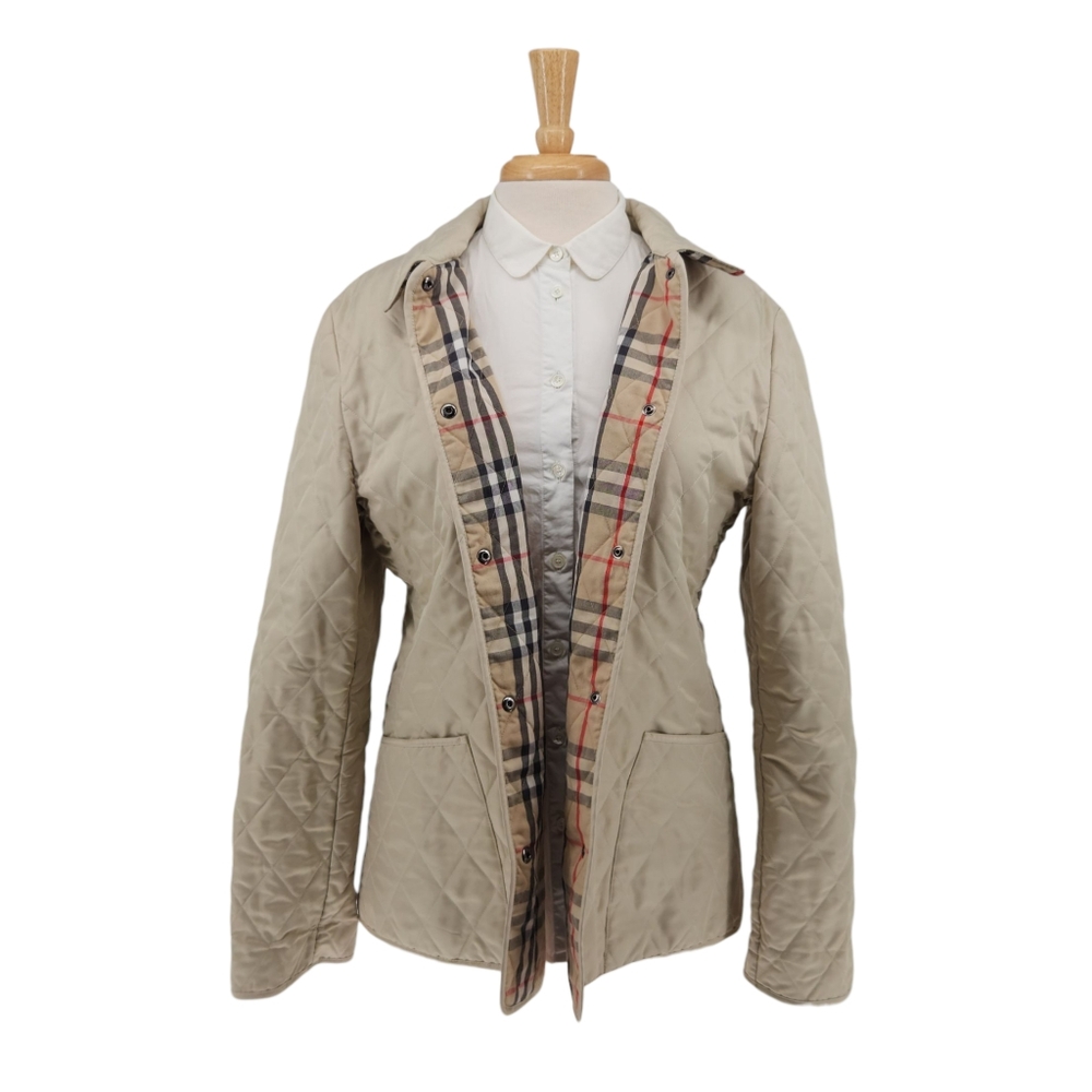 Burberry Beige Quilted Jacket Nova Check Lining Women's Size L Made in Italy